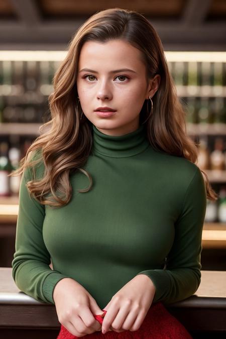 photo of extremely sexy (n3ub4u3r-140:0.99), a woman as a sexy student, closeup portrait upsweep updo, (green tight long sleeve turtleneck top), at a cantina sitting bar (masterpiece:1.5) (photorealistic:1.1) (bokeh) (best quality) (detailed skin texture pores hairs:1.1) (intricate) (8k) (HDR) (wallpaper) (cinematic lighting) (sharp focus), (eyeliner), (painted lips:1.2), (earrings)