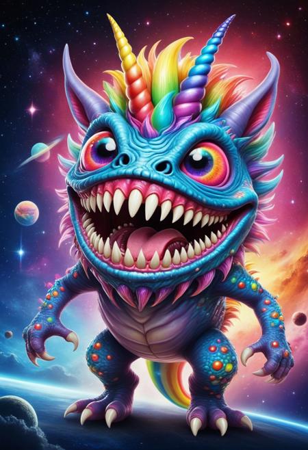 masterpiece,ultra-high resolution,incredible composition,extremely detailed, RainbowUnicornStyle
monster  with googly eyes, sharp teeth, rage extraterrestrial inside it, in space. made of enchanted  Macabre made of RainbowUnicornStyle