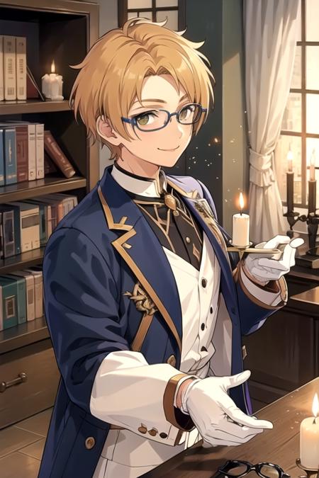 <lora:MakotoES-07:0.7>,makotoes, looking at viewer, smile, shirt, gloves, long sleeves, holding, jacket, white shirt, upper body, glasses, indoors, white gloves, vest, parted bangs, formal, light particles, stairs, bookshelf, adjusting eyewear, candle, candlestand