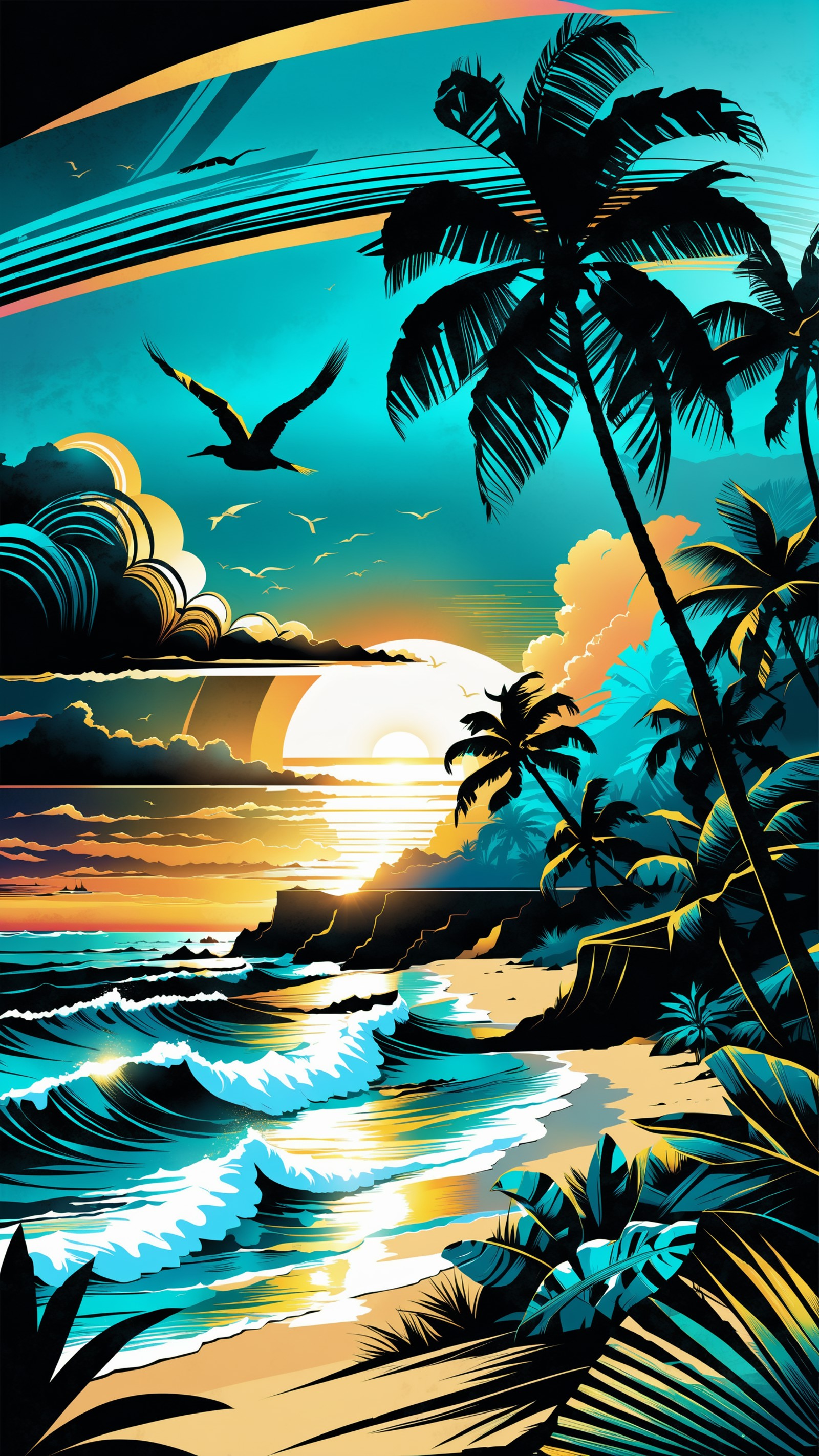 musical tropical vector illustration of sunset on the beach, in the style of Dan Mumford, vintage aesthetics, <lora:xl_yam...