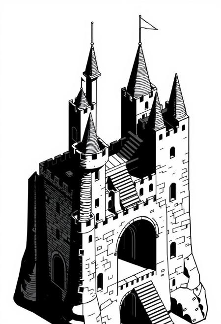 medieval woodcut tattoo style
isometric geometric
black and white
optical illusions 
Simplified Castle Structure:
    Minimalist Towers: Focus on a few tall towers of varying heights to create an asymmetrical and dynamic silhouette. Use simple geometric shapes to form the towers, keeping them sleek and not overly adorned.
Emphasized Optical Illusions:
    Impossible bridges, passageways and stairways: Design staircases that twist and turn in impossible ways, inspired by the works of M.C. Escher. These stairs can appear to ascend and descend simultaneously, connecting different levels in mind-bending fashion.
Floating Passageway Bridges
    Interconnected Archways: Use archways that loop back into the structure or lead the eye in continuous circles, enhancing the illusionary effect.
Strategic Spacing and Simplicity:
    Open Spaces
    Low Detail Emphasis