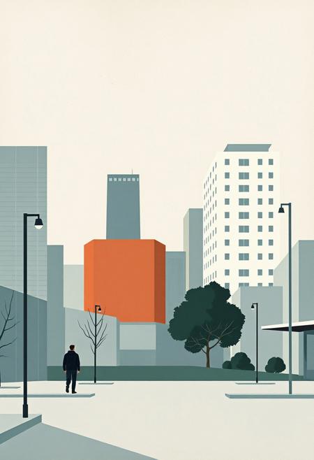 The Quiet Place, stylized realism, simplified forms, geometric composition, muted color palette, clean lines, Canadian landscapes, modern urban scenes, mid-century aesthetic, flat perspective, emotional detachment, angular architecture, minimal textures, cool lighting, symbolic figures, structured layout, contemporary realism, everyday moments, graphic painting style, subtle social commentary, restrained emotion