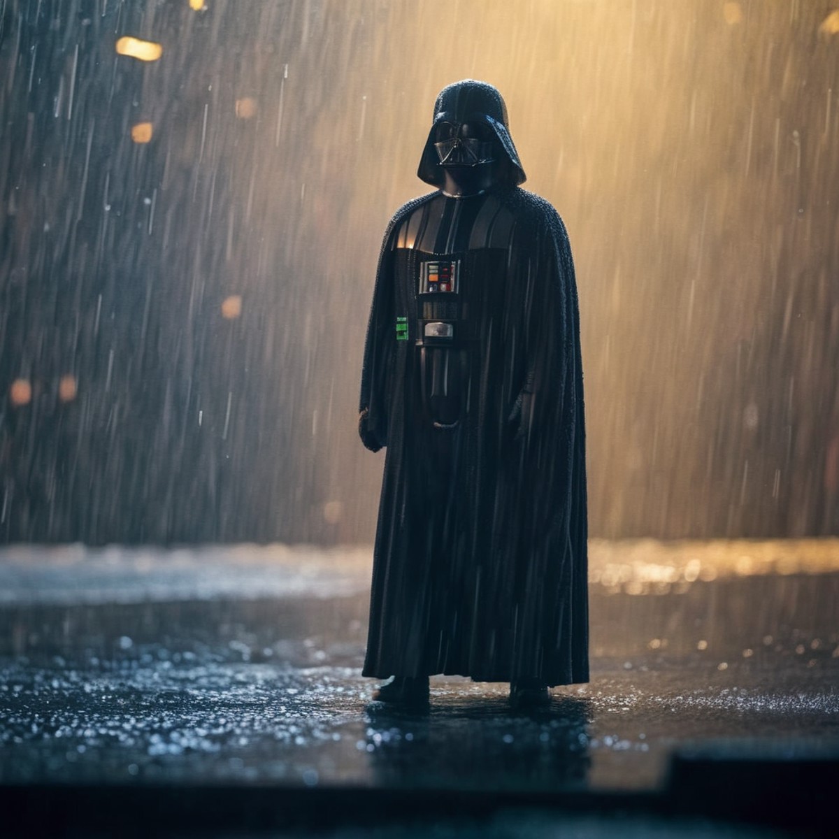 cinematic film still of  <lora:Darth Vader:1.5>
Darth Vader a painting of a darth vader in the rain in star wars universe,...