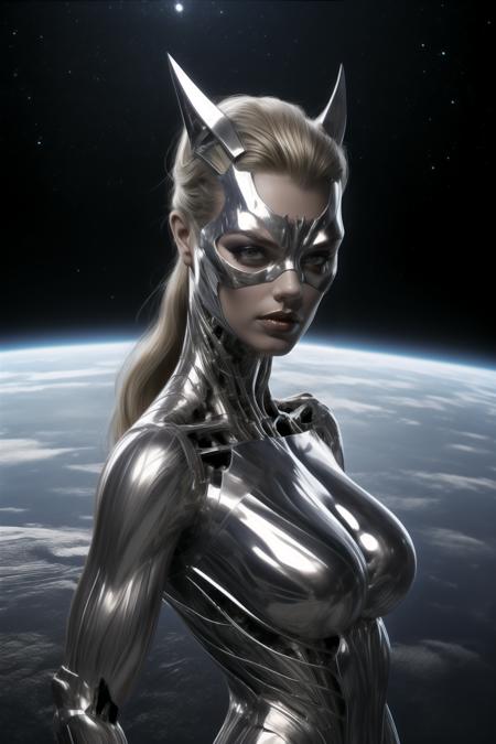 (masterpiece, best quality, official art, beautiful and aesthetic),(extreme wide angle shot),(full body),from below,solo,female catwoman jumps over the top of skycraper,breasts,dark skin,thin waist,battle damaged metallic skeleton,dented,rusty,worn texture,(asymmetrical balance),half mechaiecal body,silver metal,science fiction,blonde hair,long hair,breasts,mechanical parts,cyborg,grey eyes,(half metallic left_face),half metallic mask,realistic,rich details,icy gloss,medium breasts,(moon),planet,(cyberpunk city,city lives on moon surface,futuristic space station),<lora:catwoman2-000006:0.7>,<lora:halfmetal:0.6>,<lora:milkyMoon:0.3>,