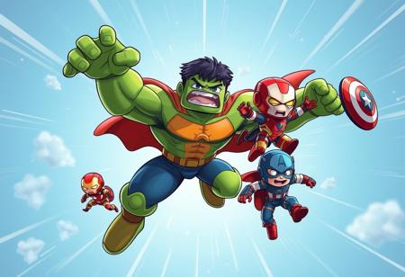 Create a cartoon super hero mini version, like mini people, mini hulk, mini ironman, and mini captain america, dynamic action, the fly from huge bomb expands. colorful and impressive cartoon view.