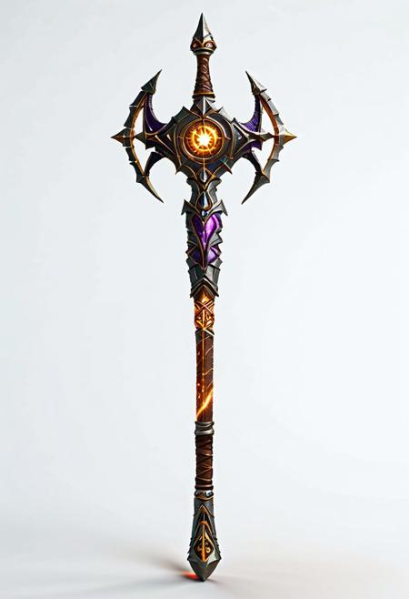 Side view, 2d game assets, Flat drawing without volume of ( MEDIEVAL IRON magical shaped batwing baton Magic Wand made of purpure STEEL), with STEEL handle COVERED WITH MAGIC GLOWING RUNES, ultra detailed, enhanced, native maya style, simple white background