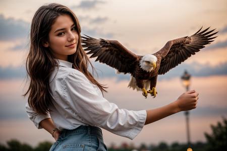 from below,from side and behind,photo of a 18 year old girl,standing,a eagle standing on her arm,happy,looking at viewer,ray tracing,detail shadow,shot on Fujifilm X-T4,85mm f1.2,depth of field,bokeh,motion blur,<lora:add_detail:1>,