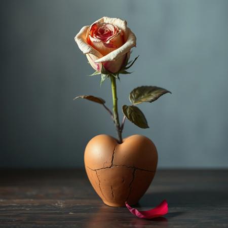 high-resolution digital artwork featuring a single dead rose, its colour bleached out with age, its leaves dry and brown, its stem wilted, It stands in a clay, heart shaped cracked vase, the vase has a large crack. a single red petal lies on the table next to it,