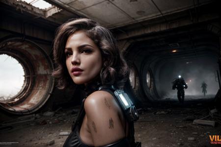 eiza gonzalez navigates the harsh, irradiated wasteland of the Fallout universe, utilizing her espionage skills to locate and retrieve critical technology from a derelict pre-war facility. Her agility and combat prowess allow her to evade the mutated creatures and hostile raiders that now populate the ruins. Clad in a custom, armored Vault suit, she blends the iconic Fallout aesthetic with her unmistakable demeanor, the Pip-Boy on her arm glowing with the coordinates of her next objective
dynamic shot,
perfect round ass,perfect fit body,latex, detailed skin,detailed body, detailed hair,bob hair cut,rich,jewerly,earings,detailed eyes, black gothic makeup,sexy,nsfw,seductive,long eyelashes,photorealistic,highly detailed, 8k,volumetric fog,UHD, DSLR, high quality, detailed, film grain,lens flare, 
 <lora:EizaGonzalez_smf_lora_v1-000004:1.0> ( <lora:more_details:1.0>:0.8) <lora:epiCRealismHelper:1.0>