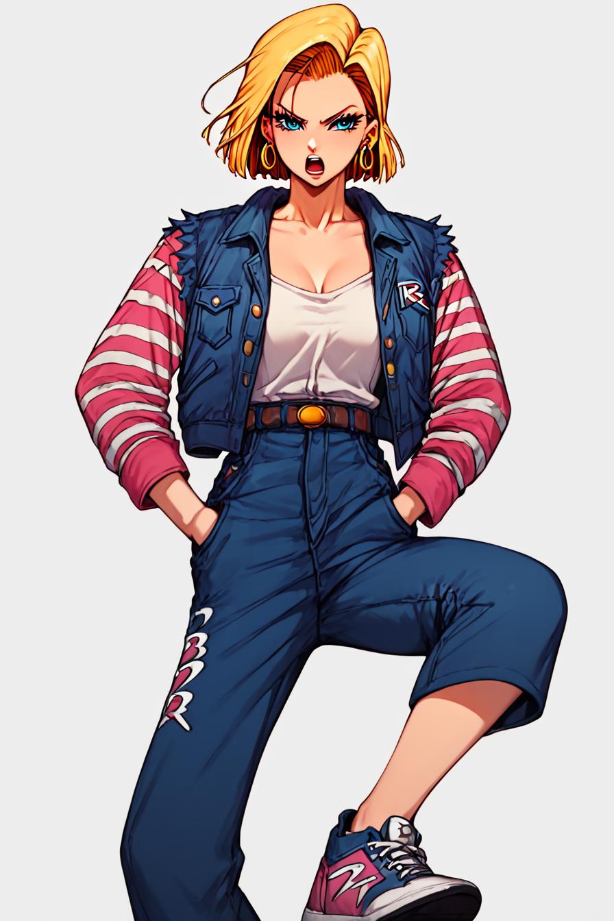 score_9, score_8_up, score_7_up, score_6_up, score_5_up, score_4_up ,   <lora:android-18-ponyxl-lora-nochekaiser:0.8> ,android 18, blonde hair, blue eyes, eyelashes, hoop earrings, short hair, earrings, <lora:doflamingo_walk_pony:0.8>, 1girl, hand in pocket, leading leg posture, swaggering stride, standing on one leg, sneakers, angry face, open mouth, masterpiece, highres, white background, simple background