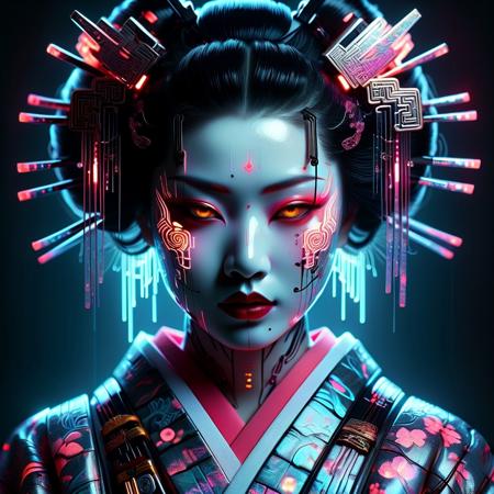 A hyperrealistic portrait of a futuristic Cyberpunk Geisha Assassin, meticulously detailed and cinematic. Her striking porcelain-like face features subtle traditional geisha makeup contrasted with neon-lit cybernetic enhancements around her eyes and jawline. Intricate mechanical augmentations blend seamlessly with her elegant attire, consisting of traditional silk robes adorned with luminous fiber-optic patterns and subtle holographic details. Her hairstyle is a modern take on traditional geisha styling, intricately woven with neon strands and metallic accessories. She holds a high-tech, stealthy katana with a glowing blade that matches the vibrant neon hues of her environment. The background is a moody cyberpunk cityscape drenched in neon colors, holographic signs, and atmospheric mist, enhancing the enigmatic and deadly aura of the assassin. Cinematic lighting, ultra-detailed textures, dramatic shadows, 4K resolution, trending on ArtStation, vivid colors, hyperrealistic rendering.