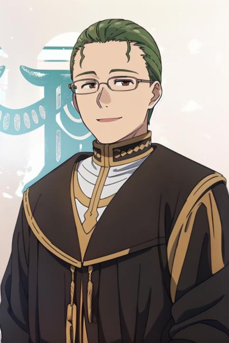 heiter, 1boy, male focus, solo, glasses, green hair, full body, standing, black footwear, looking at viewer, smile, robe, brown eyes