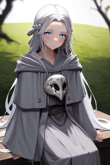 masterpiece, best quality, highres, 1girl, venat, grey robe, mask <lora:venat:1> sitting