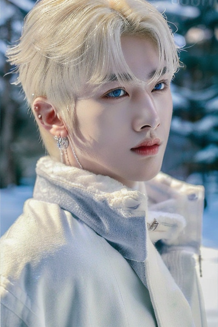 (close-up,winter:1.3),(RAW photo:1.2), (photorealistic:1.4),(best quality,1boy:1.4), detailed eyes, detailed facial features, (detailed clothes features) 1boy,solo, two-tone hair, black and blonde hair, black eyes, crystal pendant, Long blue scarf,White long wool coat(detailed face), grunge,(high detailed skin:1.2),soft lighting, high quality,