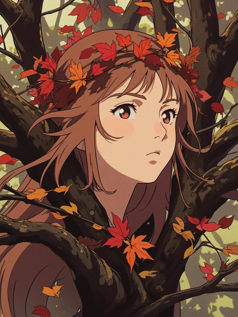 Close-up portpait. Elaborate fantasy scene featuring a figure entwined with dark, twisting branches and vibrant autumn leaves. The figure has long, flowing hair that blends seamlessly with the surrounding foliage. A crown made of red and orange leaves adorns the head, enhancing the ethereal quality of the setting. The skin is pale and contrasts beautifully with the dark branches and rich colors of the leaves. The background is a misty forest, with muted earthy tones and hints of soft green, creating a mystical atmosphere. The lighting is soft and diffused, adding to the dreamlike quality of the scene. The overall aesthetic leans towards hyperrealism, with intricate details in the texture of the hair, skin, and foliage, capturing a sense of enchantment and connection to nature. Miyazaki 1990s anime art <lora:Miyazaki v2:0.8> <lora:fca_style_32:0.6> <lora:RetroAnimeFluxV1:0.8>