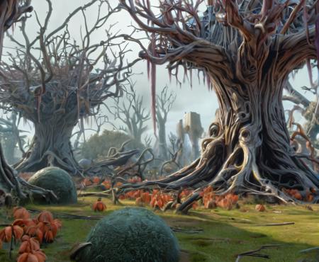 fantasy, inspired by Rodney Matthews, garden of withered trees, cinematic,(intricate detailed:2), (sharp focus, hyper details, highly intricate), extremely high-resolution details, photographic, realism pushed to extreme, fine texture, incredibly lifelike,professional, 4k, highly detailed