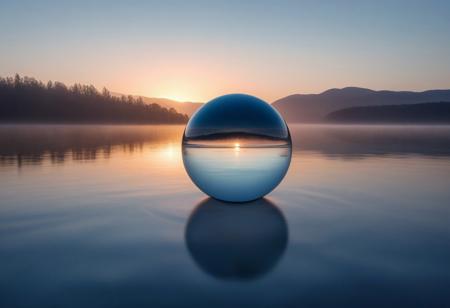 An infinite, calm water surface stretches across the scene, reflecting the soft pastel hues of a serene sunset. Above the water floats a perfectly round, transparent glass sphere, glistening faintly with refracted light, its surface shimmering with refracted light that captures faint glimmers of distant stars and the silhouettes of serene trees. Surrounding the sphere are delicate ripples in the water, creating a mesmerizing interplay of motion and stillness. Distant mountains fade into the misty horizon, adding depth and tranquility. The sphere's transparency captures hints of the sky and surroundings, merging the ethereal with the natural in a harmonious, surreal atmosphere.
