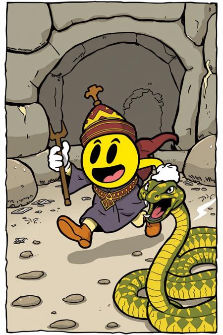 illustration of pacman dressed as a Moroccan snake charmer running away from an angry snake, cartoon, detailed,