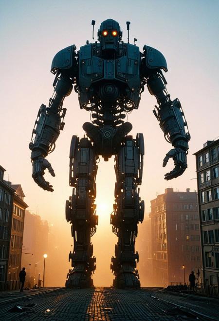 analog photo, wm_cyber, Silhouette of a mechanical giant golem, no face, in backlight, hunchback, solo, Walking toward camera, fog, Unmanned, no human, Sunset, Evening, city, from below, extremely detailed,