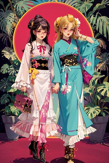 long hair, looking at viewer, smile, open mouth, multiple girls, blonde hair, brown hair, long sleeves, bow, ribbon, holding, 2girls, jewelry, standing, full body, flower, hair bow, earrings, boots, outdoors, frills, japanese clothes, glasses, wide sleeves, kimono, bag, hair bun, black footwear, high heels, see-through, sash, shadow, obi, sunglasses, plant, handbag, white kimono, round eyewear, adjusting eyewear, potted plant, holding bag, black kimono, tinted eyewear, see-through sleeves, heart-shaped eyewear, looking over eyewear, pink-tinted eyewear, purple-tinted eyewear,
 <lora:matsuo:1>