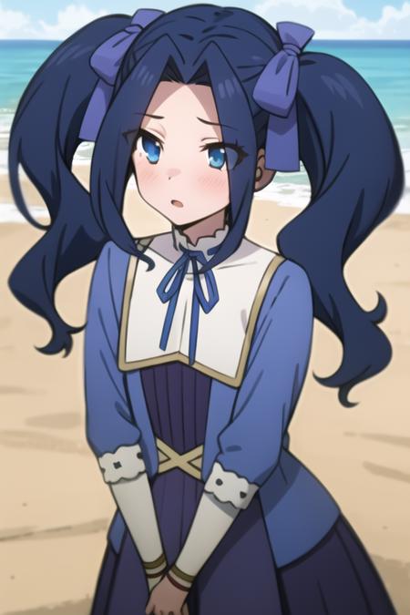 <lora:sh_melty:1> melty, 1girl, blue eyes, eyes visible through hair, hair intakes, bangs, purple hair, bangs, forehead, very long hair, twintails, parted bangs, hair bow, hair ribbon,
dress, long sleeves, blue dress, neck ribbon,
beach