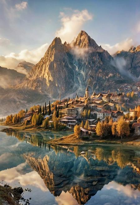 their peaks veiled in mist. mixed media, surrealism, great lighting, A surreal landscape highly detailed . extremely high-resolution details,  appears trapped in an optical illusion of reflections and refractions colorful , mountains and village in Turkey, professional photography, natural lighting, volumetric lighting maximalist. intricately detailed, complex, elegant, expansive, fantastical, film photography style,  medium grain