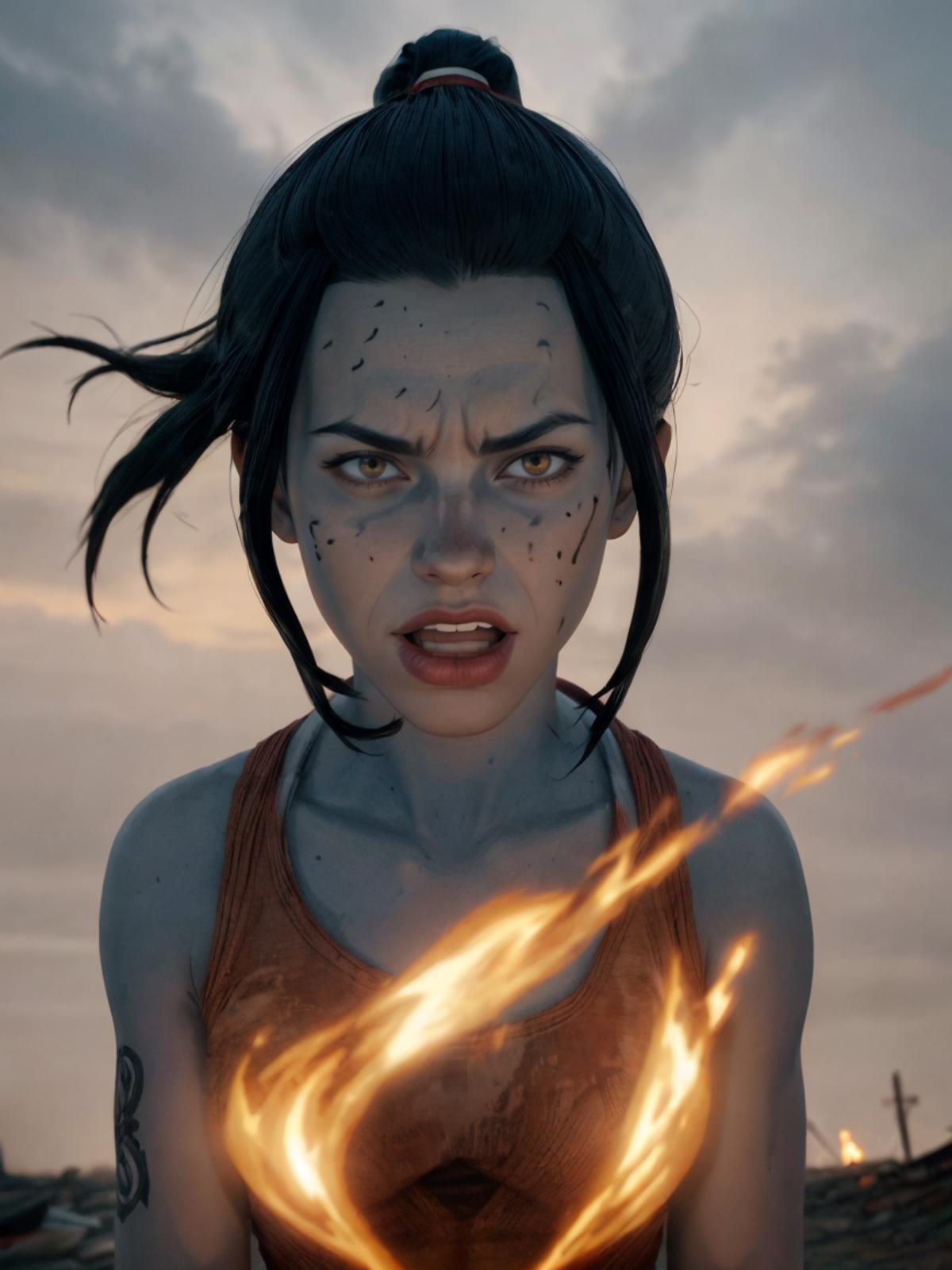 A woman with blue skin, a tattoo, and fire coming out of her mouth.