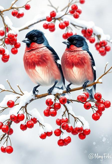 The image depicts a pair of Eurasian Bullfinches perched on a snowy branch laden with bright red berries. The birds, with their striking black caps, pink bodies, and white wing bars, stand out against the wintery backdrop. The artist has captured the delicate details of the snow-covered berries and the birds' fluffy feathers, creating a sense of tranquility and beauty in the midst of the cold season.