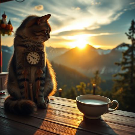 a cat sits on a table looking at a cuckoo clock, in the foreground a saucer of milk, in the background the sun is setting over a spectacular mountain scene