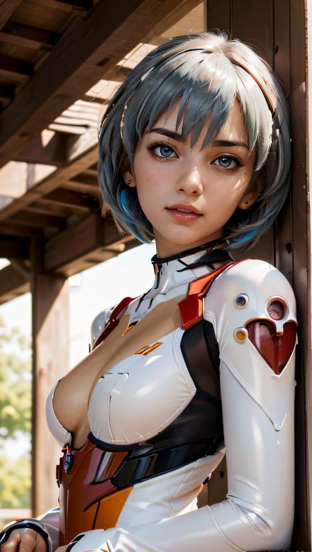 (best quality, masterpiece, colorful, dynamic angle, highest detailed)(\Rei Ayanami\), upper body photo, fashion photography of cute girl (\Rei Ayanami\), red eyes, dressing high detailed Evangelion white suit (high resolution textures), in dynamic pose, bokeh, (intricate details, hyperdetailed:1.15), detailed, sunlight passing through hair, colorful art background, official art, extreme detailed, highest detailed),