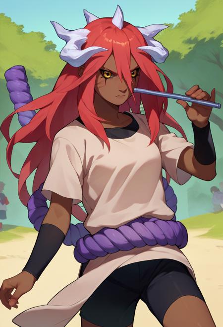 tayuya, red hair, long hair, brown eyes black headwear, tan tunic, purple rope belt, black shorts, arm warmers tayuya, red hair, long hair, yellow eyes, white horns, dark skin