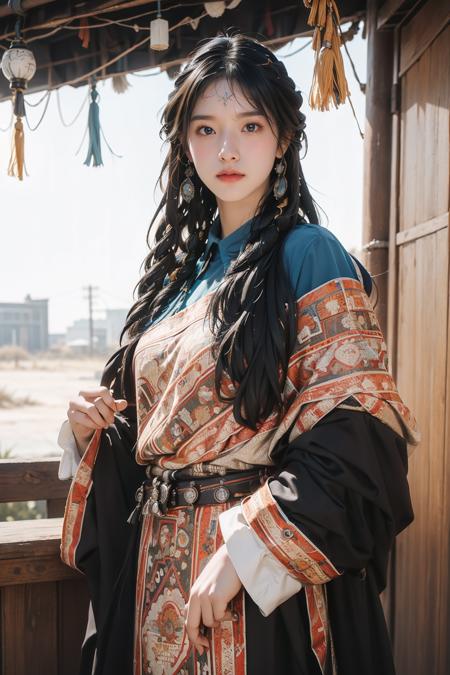 1girl,solo,outdoors,<lora:GoodHands-æbeta2:1>,((cowboy shot)),((very long hair)),medium breasts,<lora:traditional_clothes_v1:0.7>,ruanyi036,Tibetan_clothing,, best quality,masterpiece,illustration,an extremely delicate and beautiful,CG,unity,8k wallpaper,Amazing,finely detail,masterpiece,official art,extremely detailed CG unity 8k wallpaper,incredibly absurdres,huge filesize,ultra-detailed,highres,extremely detailed,beautiful detailed