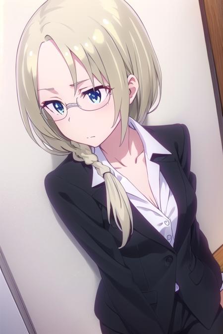 christinawakoyamato, <lora:christina wako yamato s2-lora-nochekaiser:1>, 
christina wako yamato, long hair, blue eyes, blonde hair, (green eyes:1.3), glasses, hair over shoulder, semi-rimless eyewear, low ponytail, under-rim eyewear,
BREAK shirt, collarbone, jacket, white shirt, pants, black jacket, black pants, formal, suit, office lady, pant suit,
BREAK indoors, office,
BREAK looking at viewer, (cowboy shot:1.5),
BREAK <lyco:GoodHands-beta2:1>, (masterpiece:1.2), best quality, high resolution, unity 8k wallpaper, (illustration:0.8), (beautiful detailed eyes:1.6), extremely detailed face, perfect lighting, extremely detailed CG, (perfect hands, perfect anatomy),