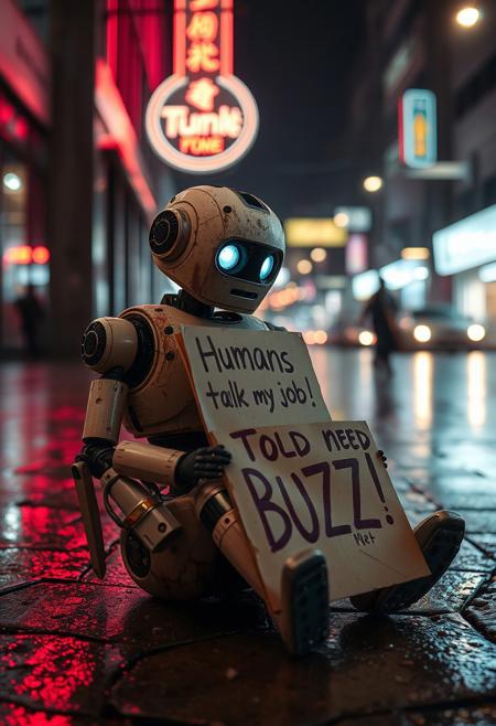 Sad robot sitting on street with sign "Humans took my job! Need BUZZ!". Wet street, night, neon lights, raining, worn look, rusty.