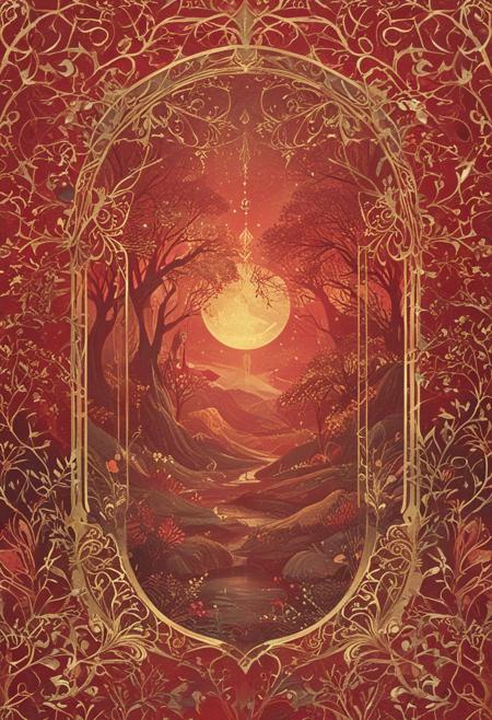 love personified, magic landscape with enchanted elements, fantasy art style, crimson and gold theme, intricate details, ultra sharp, exquisite detail, flawless composition, vivid colors, masterpiece, exciting background, novuschroma15 style, gold foil, art nouveau, art deco