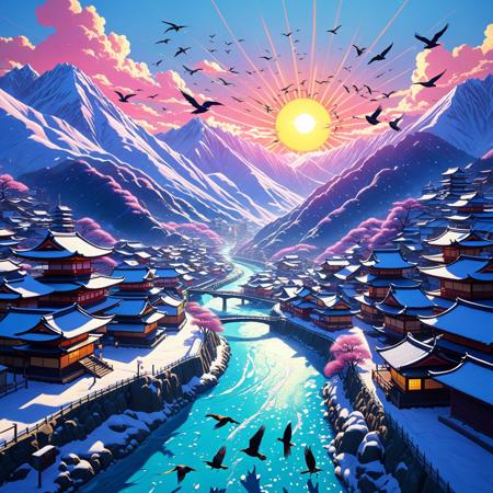 Neo-realism, centered, Tight brush strokes, A Japanese small city with snowy mountains  and in between the mountains theres a river. Between the mountains theres a sun, birds are flying towards the sun make it a neon-lit city and make it a bit snowy the land, piece is rendered in 3D CGI, shadows, cel-shading, sinister, accurate, refined, defined, highly detailed, surrealism, follow negative prompts,
