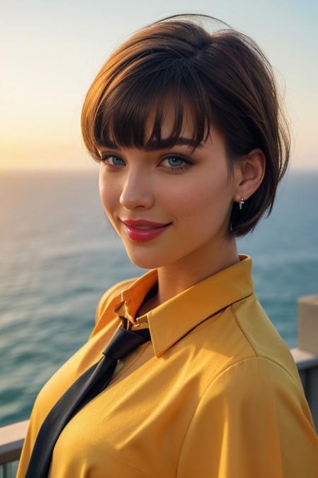 a sexy woman, short hair with bangs, green eyes, light makeup, full lips, happy smile BREAK
(wearing a formal red shirt and yellow necktie), earrings BREAK
looking into the distance in a club on top of a hill overlooking the sea during a sunrise BREAK
raw picture, 35mm photograph, sharp focus, american shot, dutch angle, dolly zoom, lens flare, deep shadows
