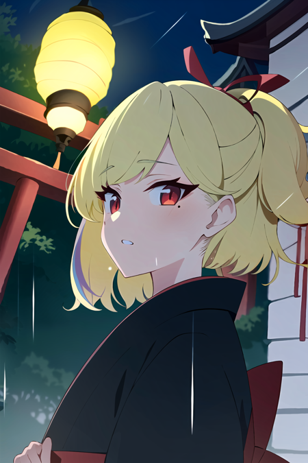 1girl, rain, solo, japanese clothes, (blonde hair:1.2), red eyes, looking at viewer, kimono, outdoors, night, ribbon, mole under eye, mole, red ribbon, multicolored hair, bangs, red hair, wet, parted lips, hair ribbon, tree, black kimono, from side, lantern, wet hair, upper body, sidelocks, torii, lips, bow, looking to the side, bush, hair bow