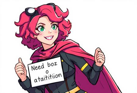 Mina ashido from my hero academia, wearing her hero costume, on side, holding sign "Need buzz for tuition"