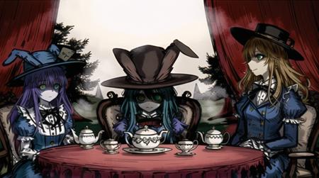 alice in wonderland series, multiple girls, four girls, alice, mad hatter girl wearing black hat, march hare, cheshire cat girl, table, white blanket, tea cups, teapot, cake, spoon, intricate details, cinematic lighting, stunning environment, ornate, outdoors, insanity, eldritch, surreal, misty, creepy, horror, psychedelic,

<lora:black-souls-5:1.0>