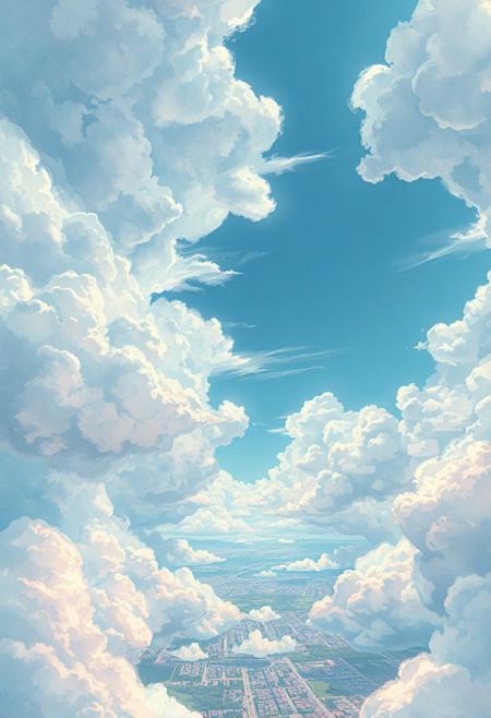 Vast anime-style sky with a massive textured cloud cover stretching across the entire scene, intricate structural cloud formations with detailed bumps and organic folds, scattered open gaps revealing patches of bright blue sky, cinematic view over a peaceful cityscape below, soft sunlight streaming through cloud breaks, pastel color palette (baby blue, soft white, light pink), highly detailed Ghibli-inspired artwork, hyper-realistic watercolor texture, dreamy and emotional atmosphere, 4K ultra-high resolution