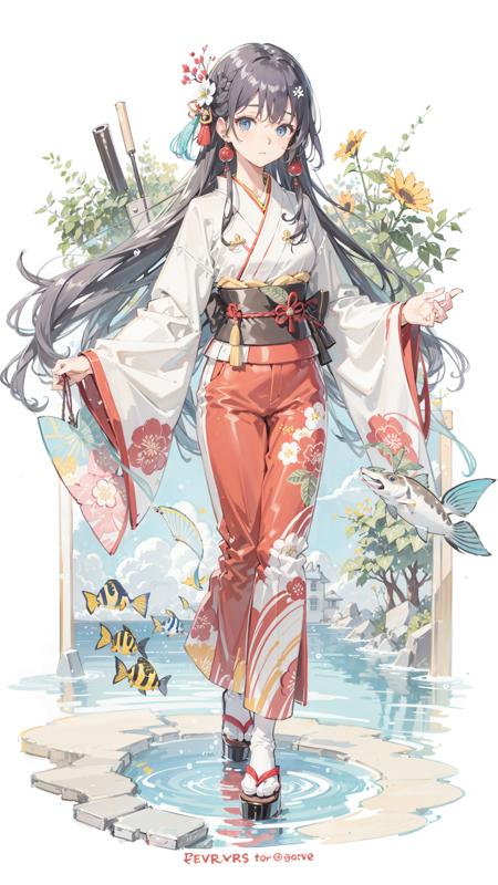 1girl, long hair, black hair, fish, blue eyes, kimono, japanese clothes, solo, red kimono, very long hair, looking at viewer, wide sleeves, bubble, long sleeves, parted bangs, standing, holding, bangs, animal, air bubble, water

 <lora:yfs-000008:0.6>