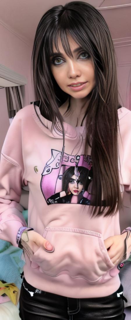 ( skinny :1.3), thin girl, with pastel sweatshirt, with black hair, <lora:EugeniaCooneyV4:1> emo style hair