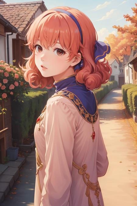 masterpiece, best quality, genny, hairband, necklace, long dress, upper body, standing, village, sky, autumn, from side, surprised, looking at viewer <lora:genny-nvwls-v2-000012:0.9>