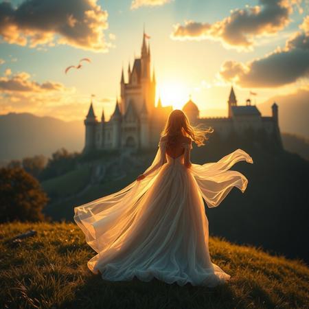A beautiful princess in an elegant flowing gown, standing on a grassy hill at sunset, gazing at her majestic castle in the distance. The castle is grand and illuminated by the golden hour light, with tall towers and fluttering banners. The scene is magical and serene, with a soft breeze blowing the princess’s hair and dress. Fantasy atmosphere, cinematic lighting, highly detailed, rich colors, storybook style.