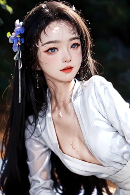 (masterpiece), (best quality), (high resolution), (photorealistic), RAW, hyper realistic texture human skin, (1girl/beautiful korean girl/21 year old:1.3), detailed hands, (cinematic light), perfect face, pretty body, (korean beauty, kpop idol:1.2), (aegyo sal:0.5), (embarrassed), (contempt), long white hair, beautiful eyes, (blunt bangs), (midium breast), two hand behind of head, blush, looking at viewer, full body, (behind strobe lighting:1.3),(face spot light:1.2) ,(mini silk white skirt:1.4), (tight clothes:0.8), (short clothes:0.8),dreamy feeling,((from side)), ((from below)), (glossy skin:1.3), (shiny skin:1.1), shadow, (flowers on liquid:1.331),In the background of the sunset,<lora:tangwei_v1:0.8>
<lora:lora-hanfugirl-v1:1.0>