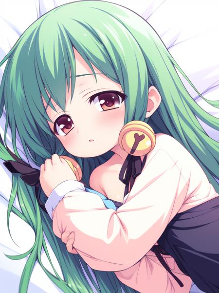 <lora:TachibanaYuzu:0.8>TachibanaYuzu, green hair, long hair,  red eyes,  blush, hug,  ribbon, lying, flat chest,
masterpiece, high quality, very_high_resolution, large_filesize, full color,