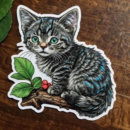 lineart sticker of a sad  kitten jussi_kitten sits on a branch, lineart style, caricature sticker, vibrant colors