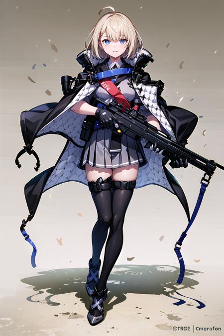 original outfit, 1girl, solo, gun, weapon, rifle, thighhighs, gloves, skirt, holding, full body, holding weapon, assault rifle, white background, holding gun, pleated skirt, looking at viewer, black thighhighs, black gloves, trigger discipline <lora:acr:1>