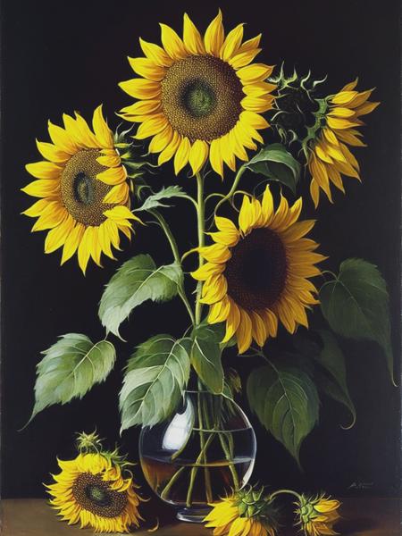 <lyco:WillemVanAelst:1.0> Sunflowers, moody, oil painting, by Willem van Aelst